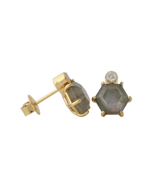 Silberohrstecker mit 8mm Labradorit und 2,5mm Mondstein vergoldet
